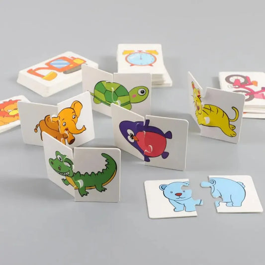 White cardboard matching puzzle for kids with colorful animal illustrations like elephant, turtle, and bear.