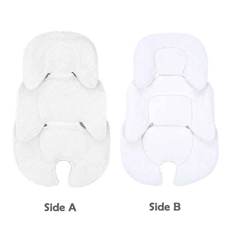 White reversible universal baby stroller and car seat cushion, showing breathable mesh and soft fabric sides.