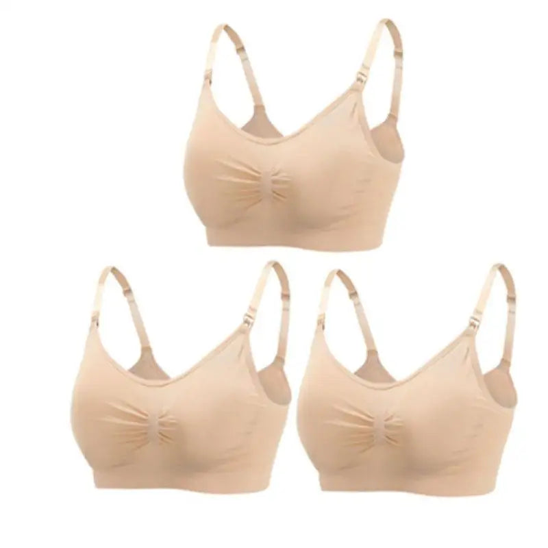 Set of 3 seamless nude nursing and maternity bras with removable pads and U-back design.