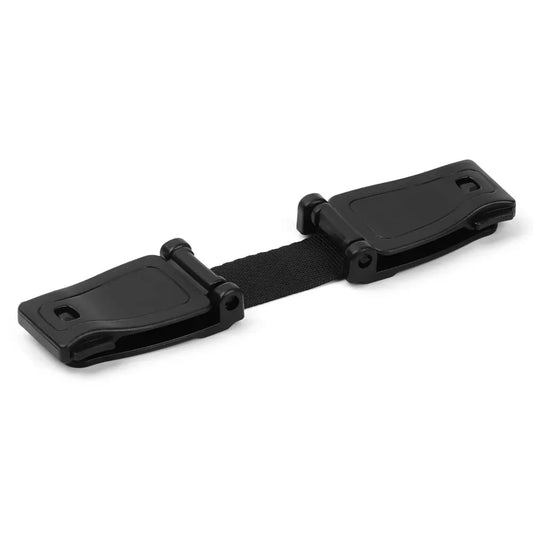 Black ABS car seat safety buckle with webbing strap, 13.5cm long, for child restraint.