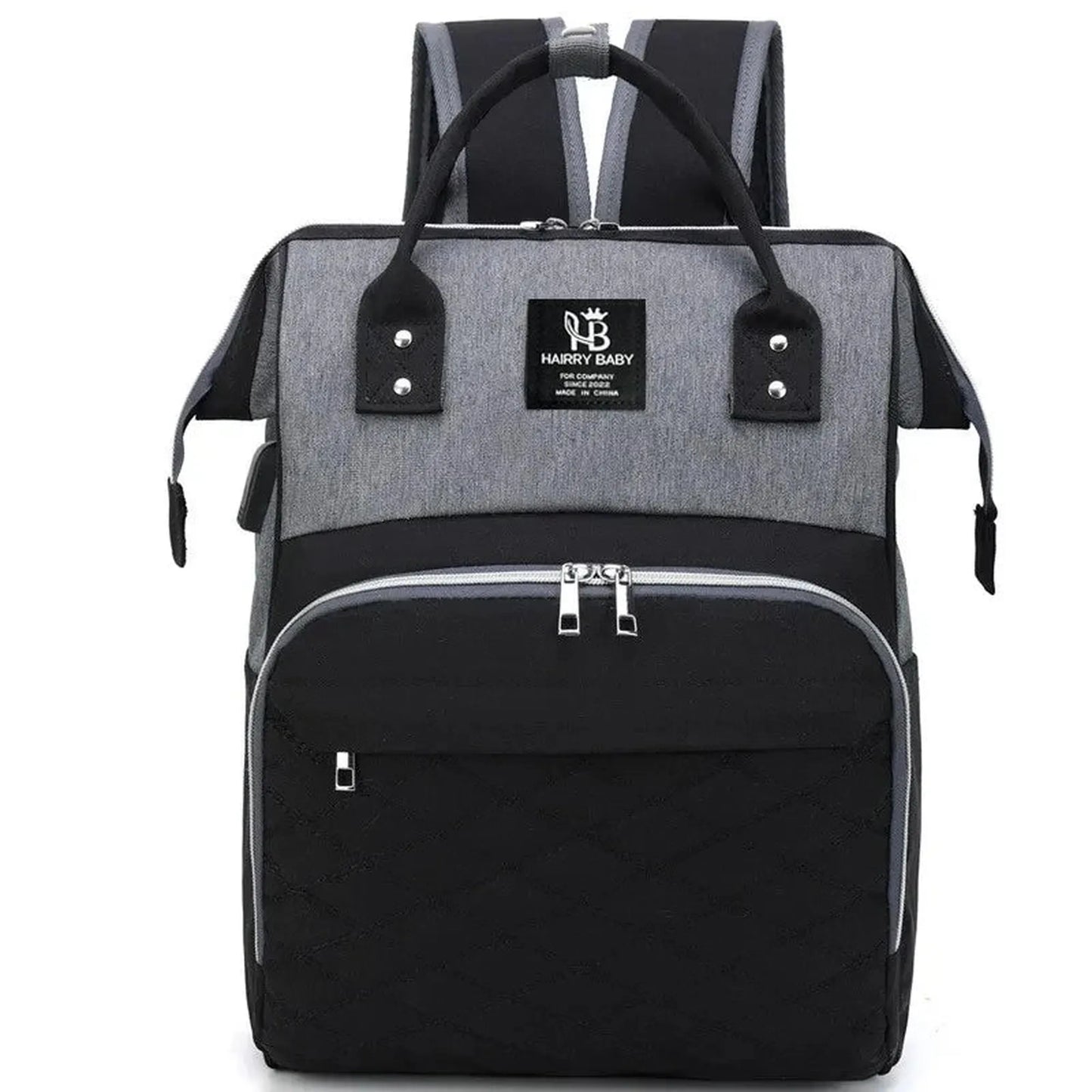 Large grey and black Oxford fabric diaper backpack with multiple zippered compartments and stroller straps.