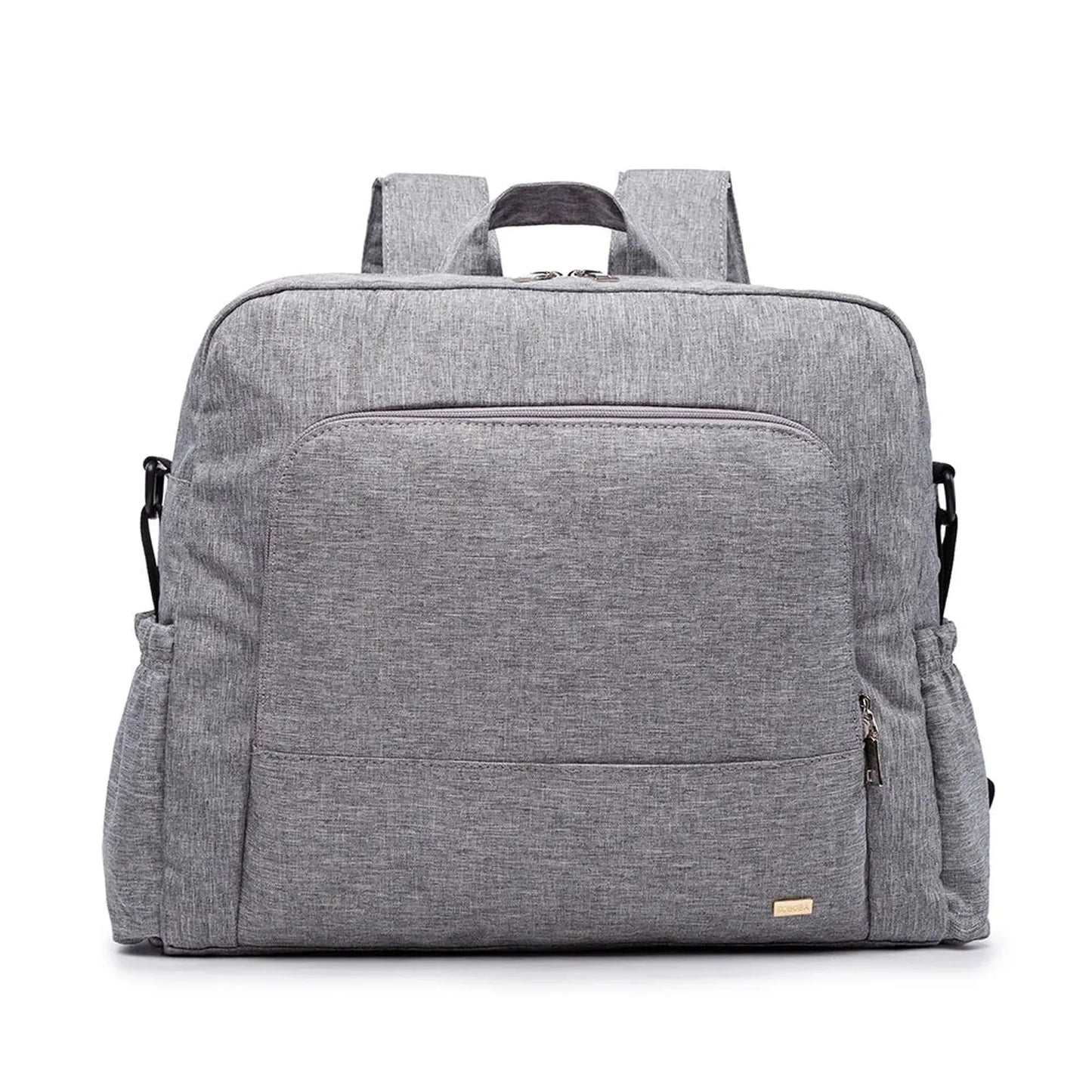 Stylish gray waterproof diaper backpack with multiple pockets and padded straps.