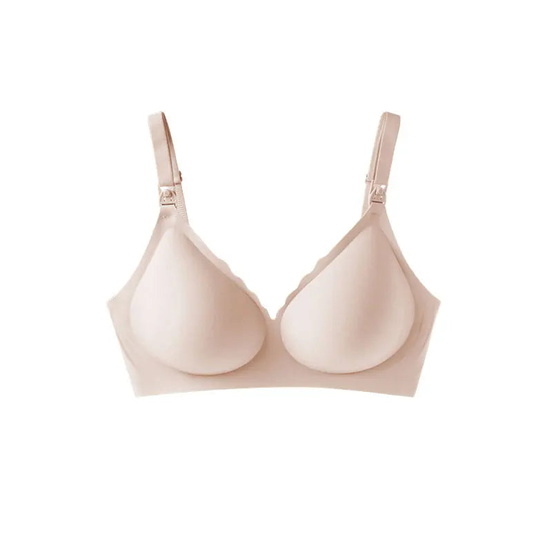 Nude V-neck wireless elastic nursing bra with removable pads and easy-open clips.
