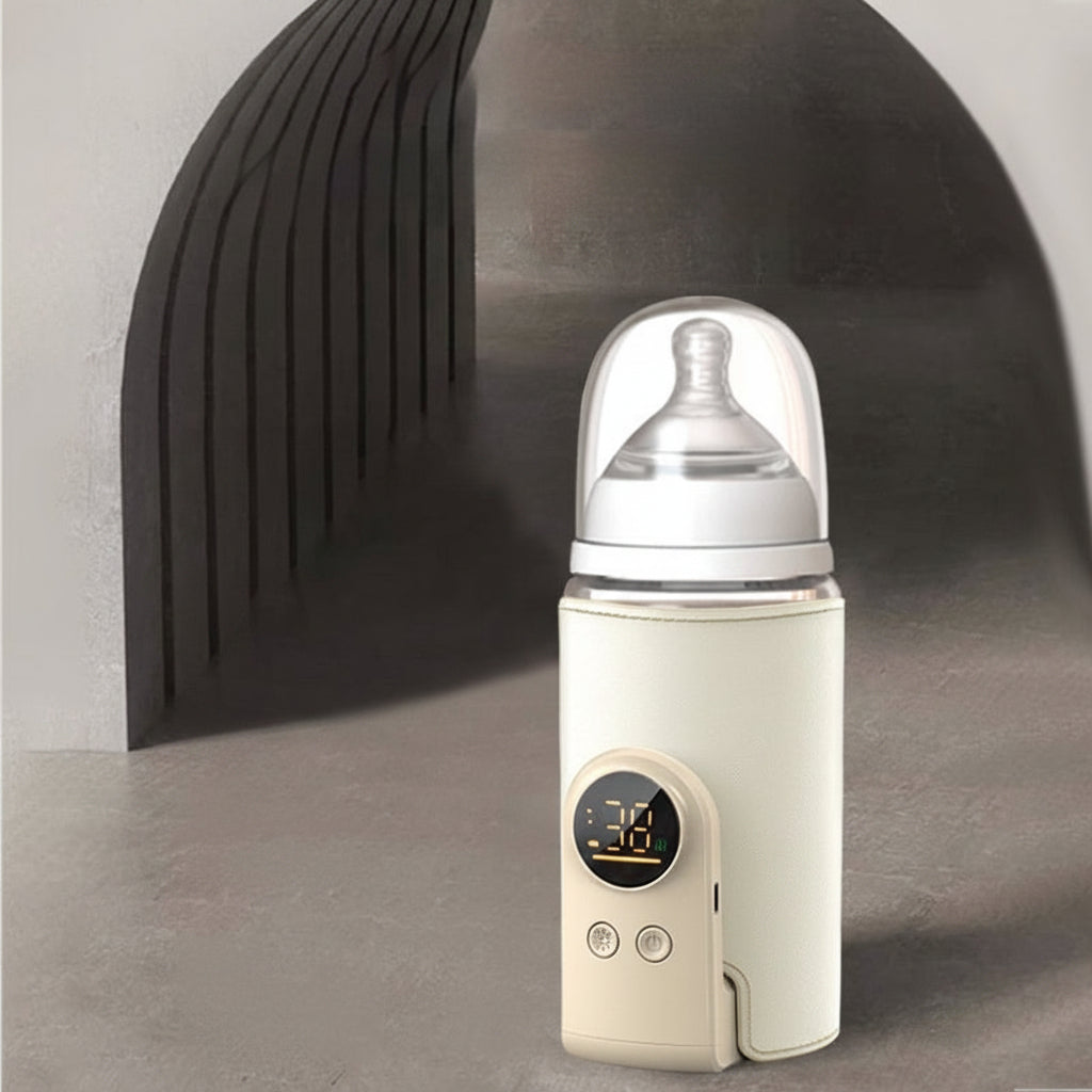 Portable beige baby bottle warmer with smart temperature control and night light.