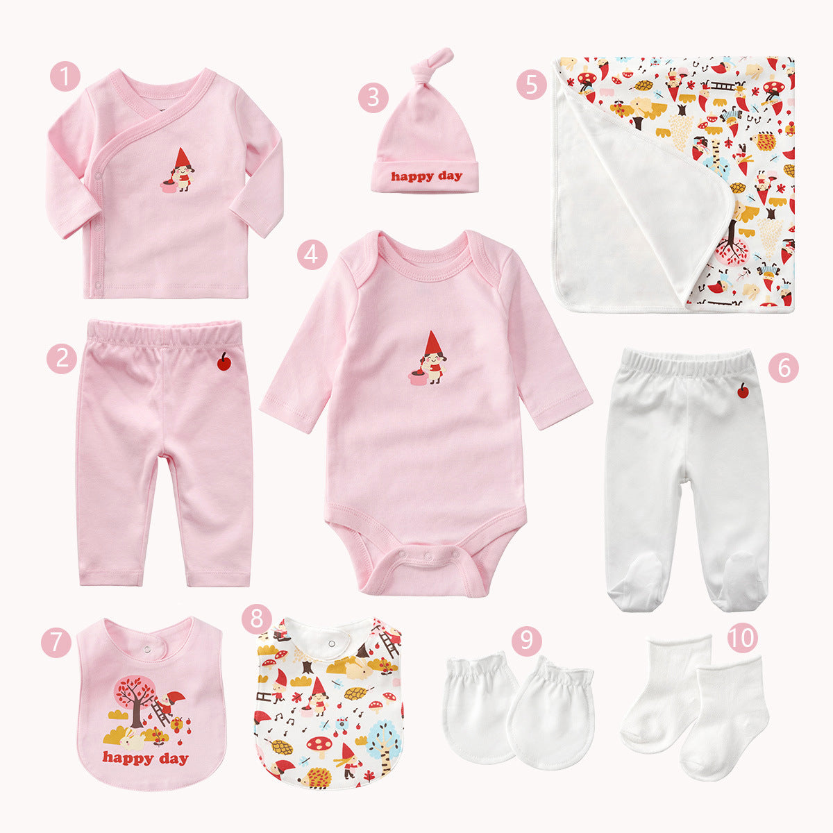 Pink unisex 10-piece cotton baby gift set with gnome prints, including onesie, pants, hat, bibs, blanket, mittens, and socks.