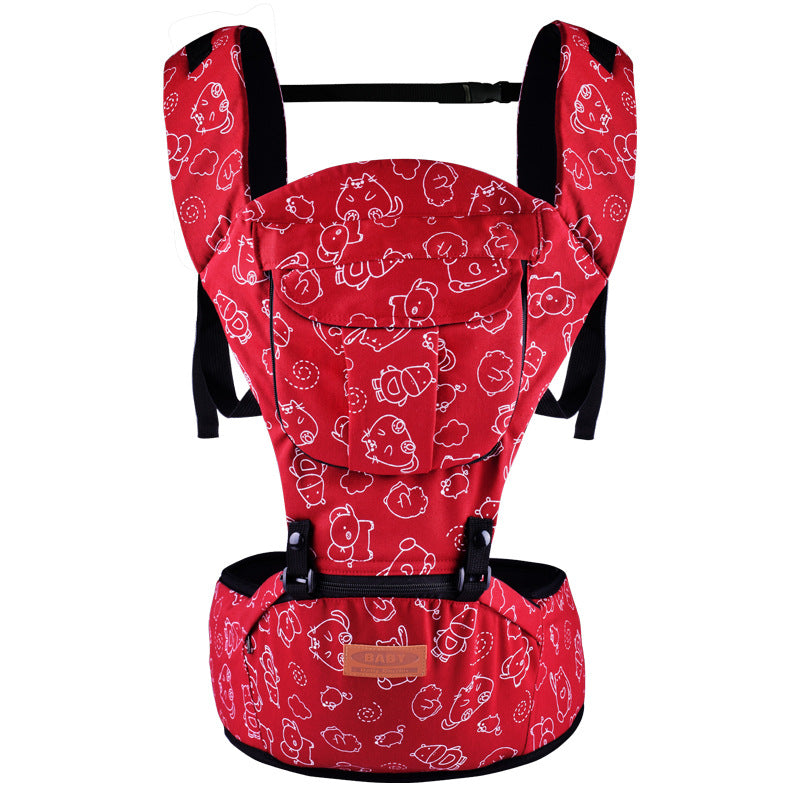 Red ergonomic baby carrier with waist stool, white animal print, and black straps.