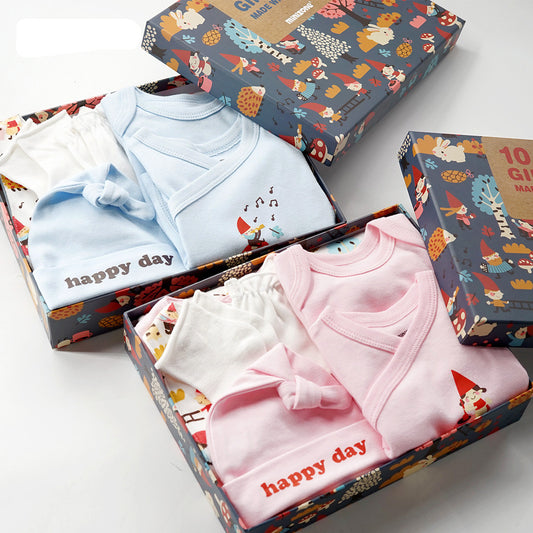 Unisex 10-piece soft cotton baby gift set in blue and pink, featuring bodysuits, pants, and hats.