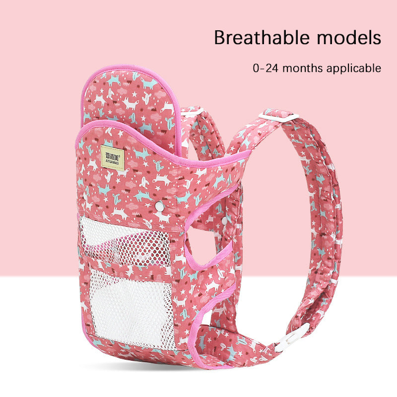 Pink ergonomic baby carrier with white animal print, breathable mesh pocket, and adjustable straps.