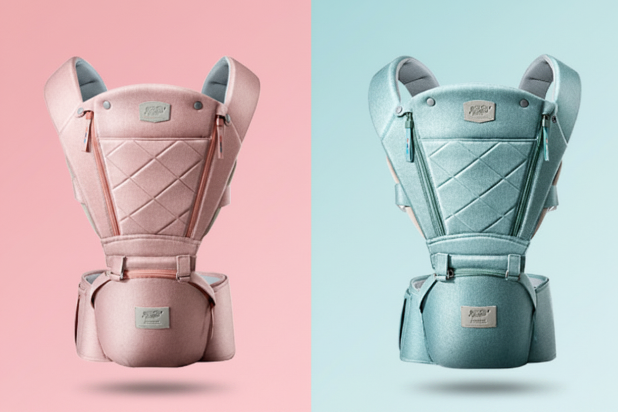 Ergonomic hip seat baby carrier in pink and green, featuring breathable fabric and quilted design.