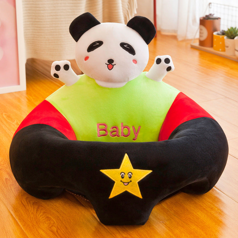 Plush panda baby support seat in black, red, and lime green with "Baby" embroidery and a yellow star.