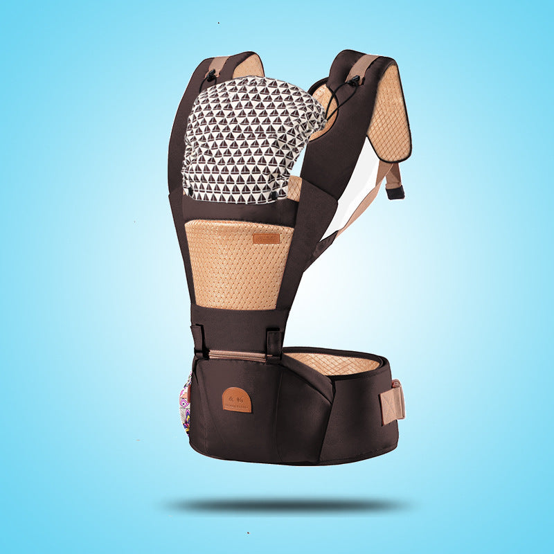 Ergonomic brown baby carrier with breathable mesh, patterned head support, and waist belt for shoulder/back carry.