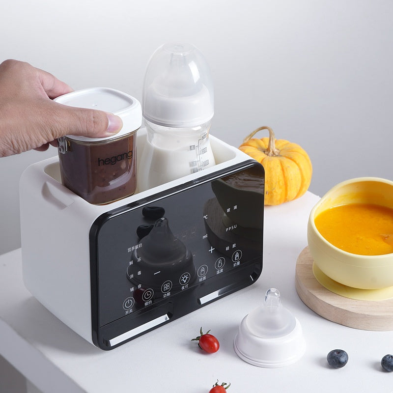White electric baby bottle warmer with digital display, heating milk bottle and food jar.