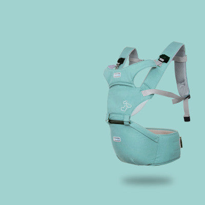 Mint green ergonomic baby carrier with supportive waist seat and adjustable straps.