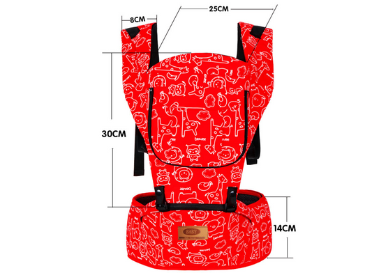 Red ergonomic baby carrier with white animal print, waist stool, and adjustable straps.