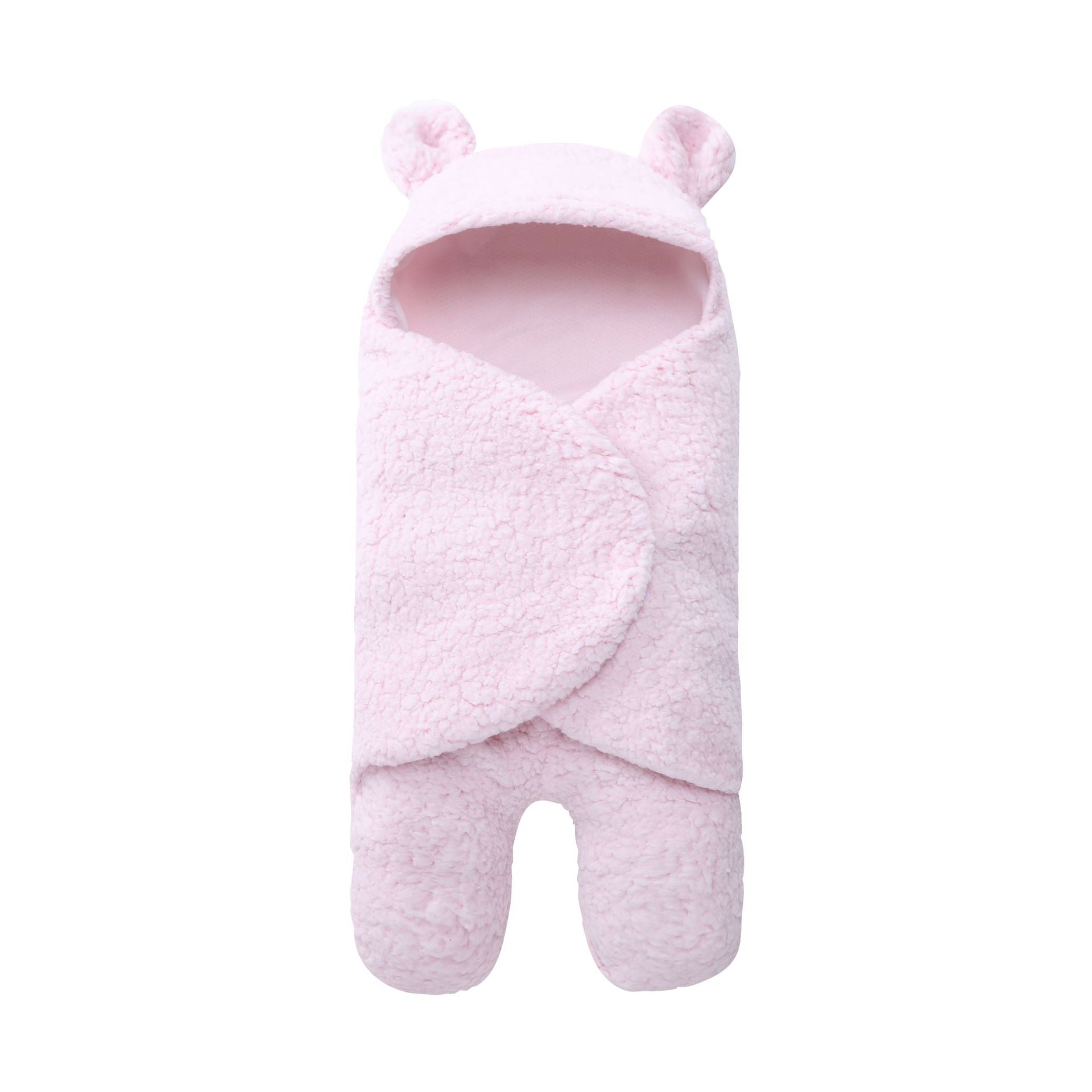 Soft pink fleece baby swaddle blanket with bear ears, 55x29cm, for newborns 0-12 months.