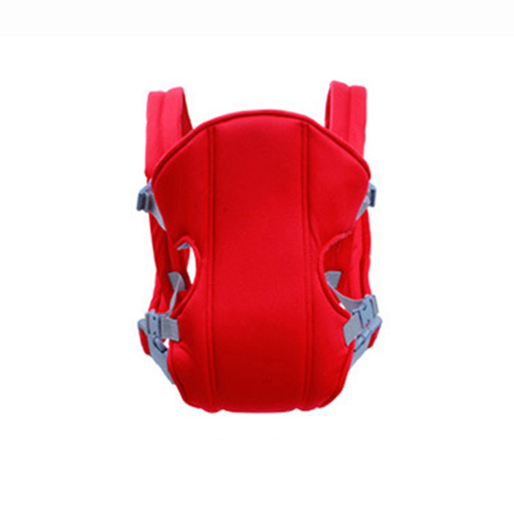 Red ergonomic baby carrier with adjustable straps and grey buckles.