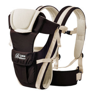 Brown and beige ergonomic baby carrier with padded straps and breathable fabric.