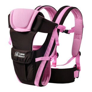 Ergonomic baby carrier in brown and pink, with padded straps and breathable fabric.