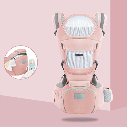 Pink ergonomic baby carrier with waist seat, breathable mesh, and storage pockets for all seasons.