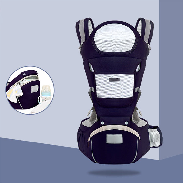 Dark blue multi-functional baby carrier with breathable mesh, padded straps, and a hip seat.