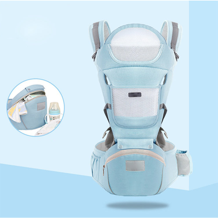 Light blue ergonomic baby carrier with waist seat, breathable mesh, and storage pockets for all seasons.