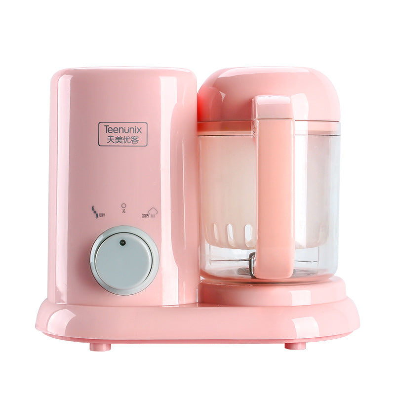 Pink Teenunix baby food steamer and blender, 25cm, with clear blending cup and control dial.
