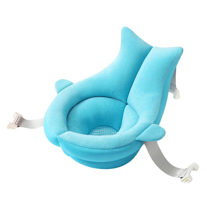 Blue floating baby bath cushion with soft, breathable fabric and adjustable straps.