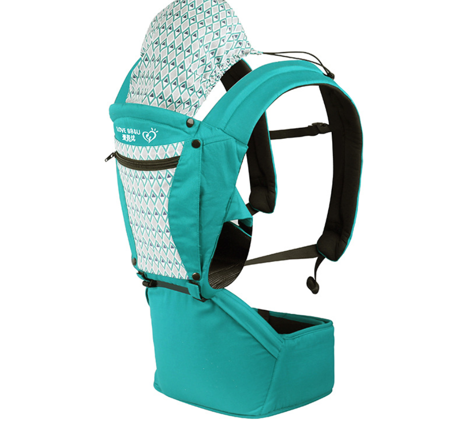 Teal cotton baby carrier with patterned hood, ergonomic design, and adjustable straps.