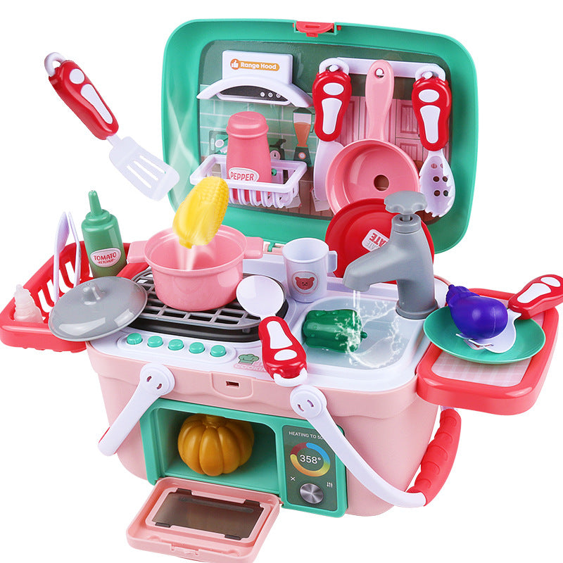 Pink and green portable kids' play kitchen set with stove, sink, oven, and toy food/utensils.
