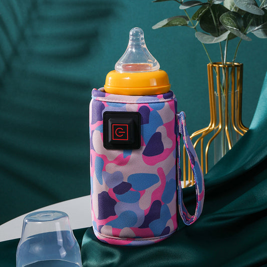 Portable baby bottle warmer sleeve with colorful camouflage pattern, USB power button, and strap.