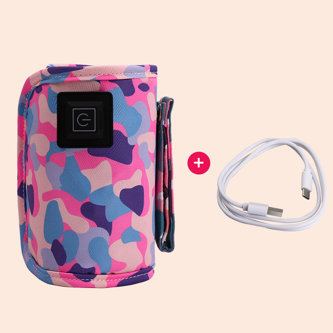 Portable baby bottle warmer sleeve in pink, blue, and purple camouflage with a USB cable.