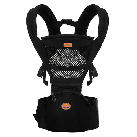 Black ergonomic baby carrier with breathable mesh panel and hip seat.