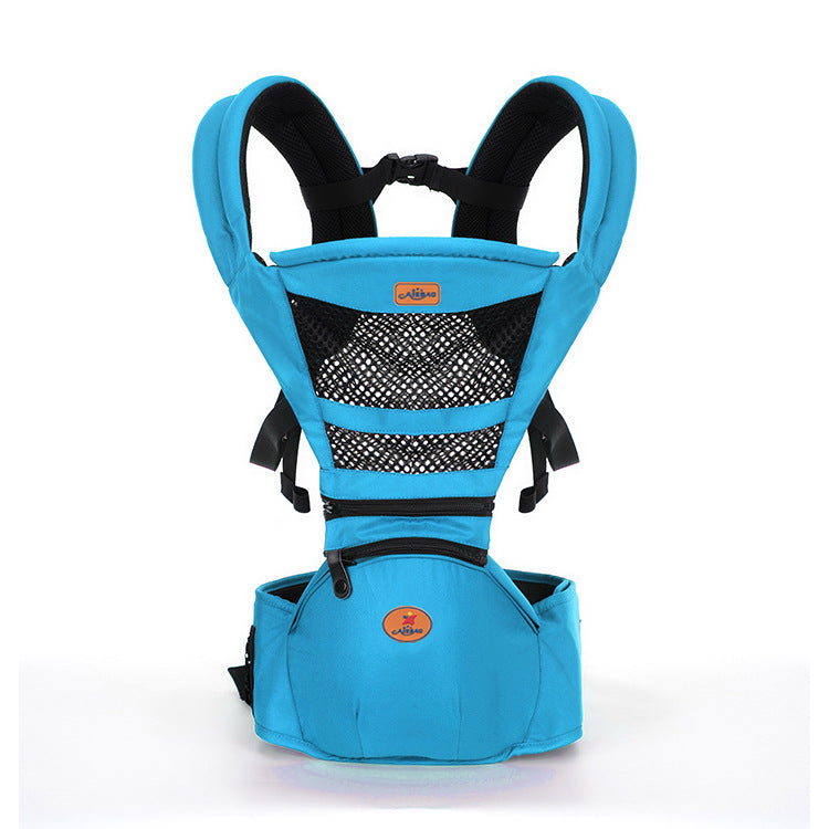 Blue ergonomic baby carrier with breathable mesh, adjustable straps, and a hip seat.