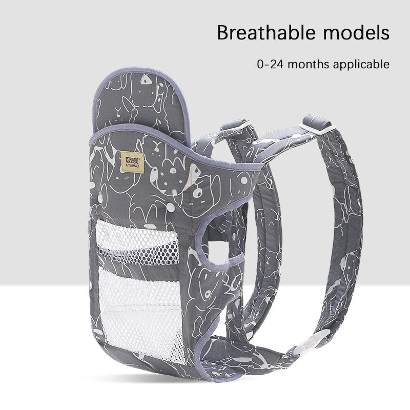 Gray ergonomic baby carrier with white cartoon animal print, breathable mesh pockets, and padded straps.