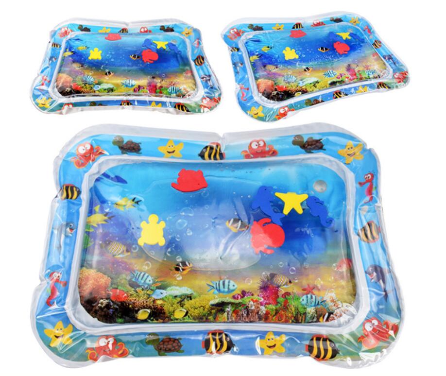 Inflatable baby water play mat with colorful floating sea creatures for tummy time.