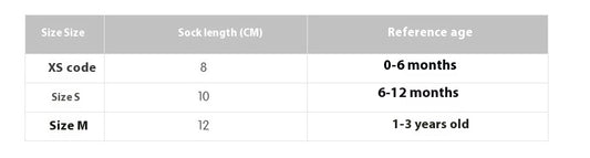 Baby sock size chart with XS, S, M codes, sock lengths in CM, and corresponding reference ages.