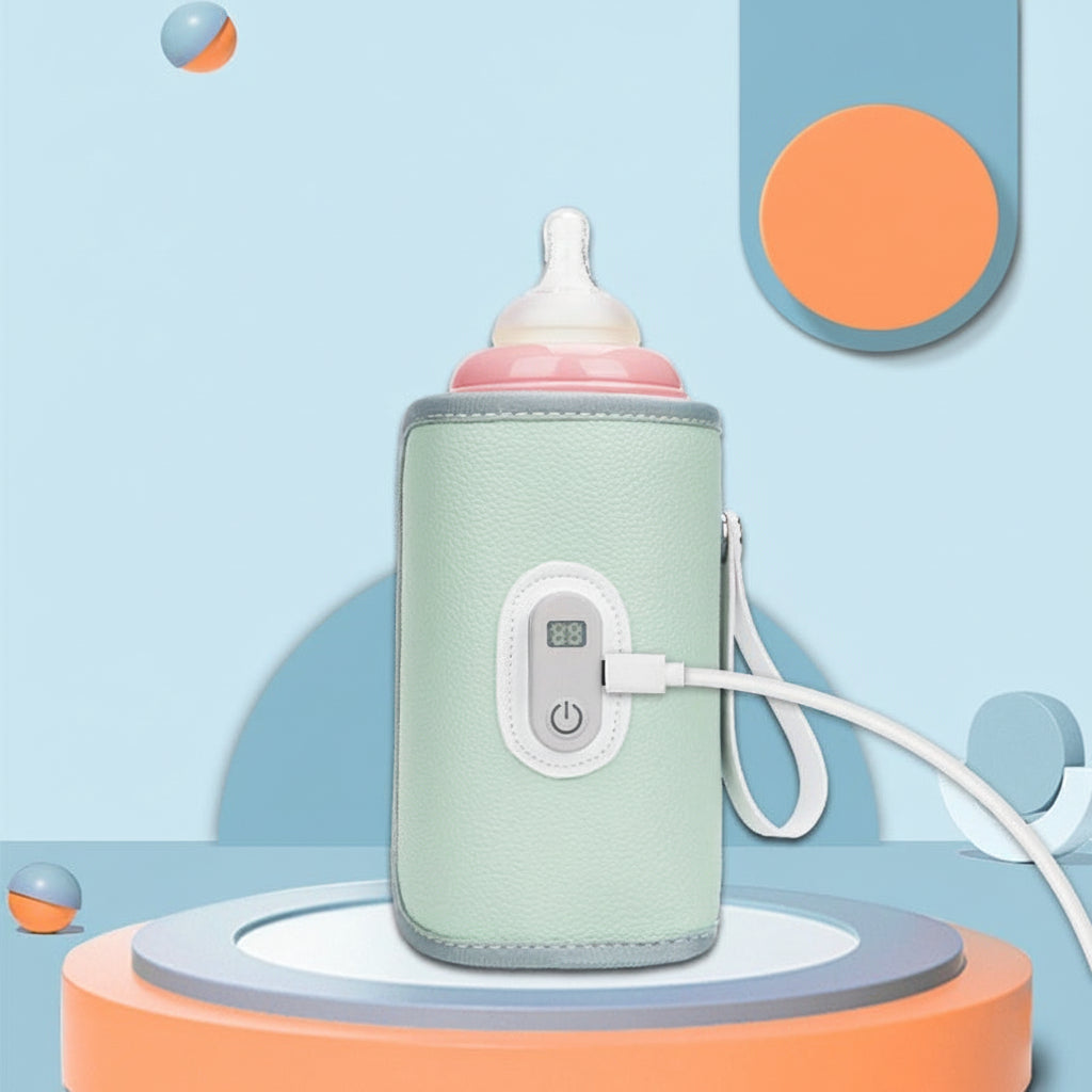 Mint green portable smart baby bottle warmer with digital thermostat, USB-C charging, and a pink bottle.
