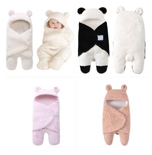 Soft fleece baby swaddle blanket with bear ears in white, panda, pink, and brown.