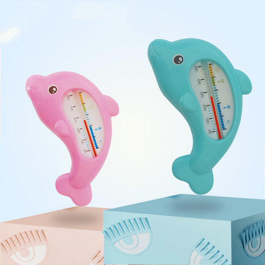 Pink and blue dolphin-shaped baby bath thermometers for water temperature, 0-50°C, made of durable plastic.