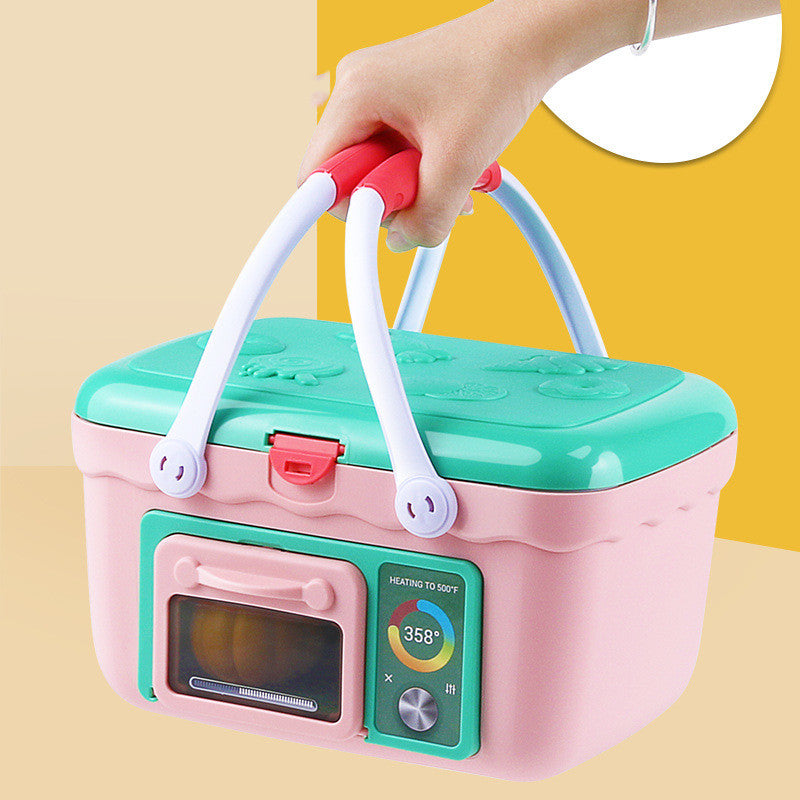 Pink and teal interactive toy kitchen set with oven, digital display, and carrying handles.