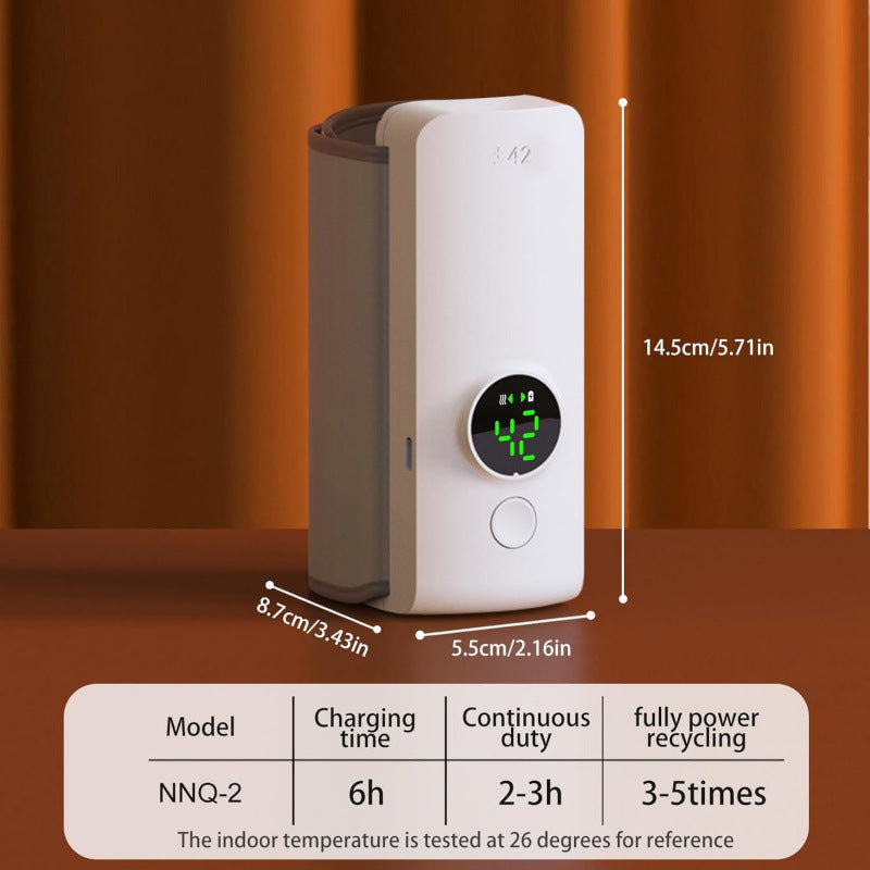 White portable USB bottle warmer with digital display, showing dimensions and charging specs.