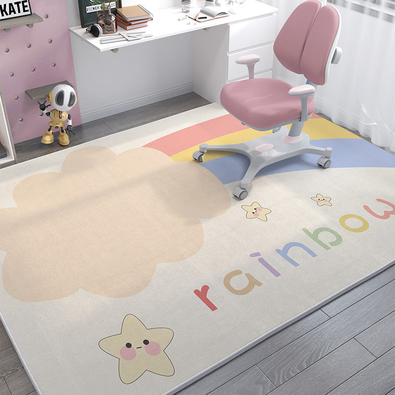 Soft crystal velvet kids' rug with a rainbow, cloud, stars, and "rainbow" text design.