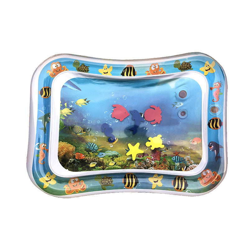 Inflatable baby water play mat with colorful floating sea creatures and an ocean-themed border.