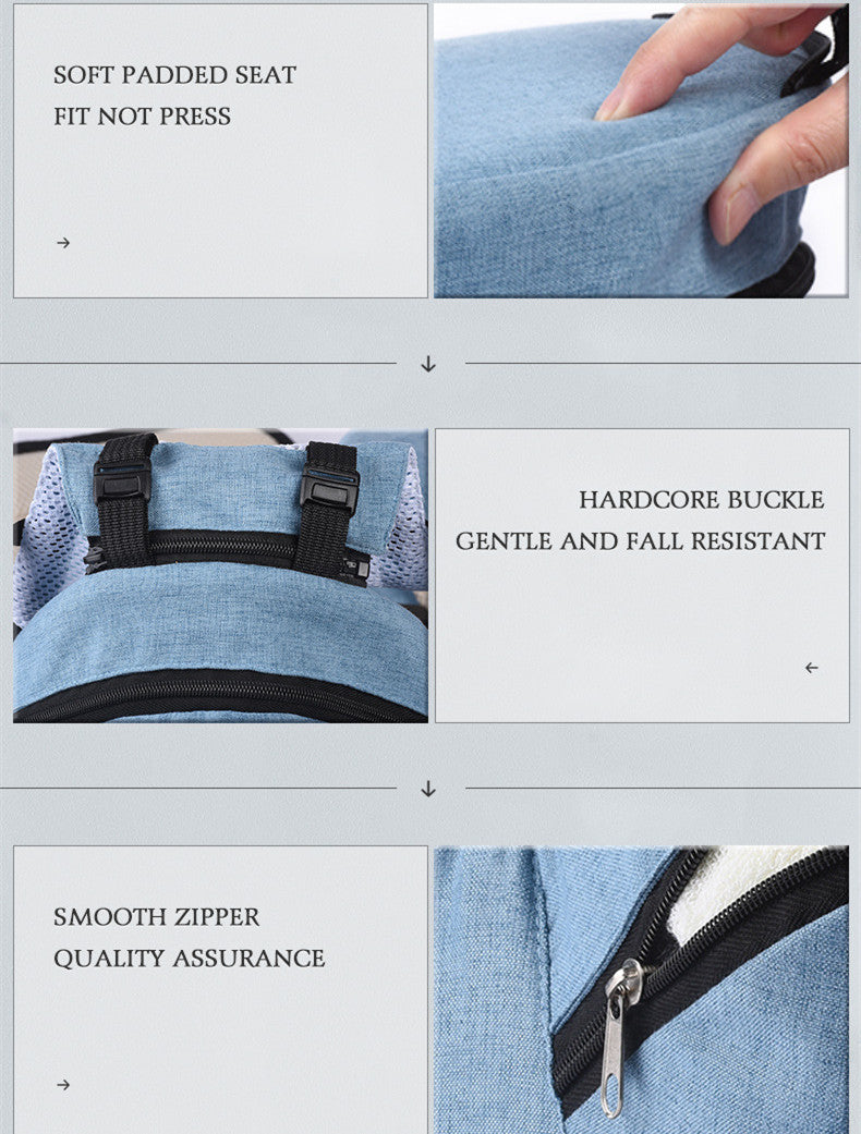 Light blue ergonomic baby waist carrier with soft padded seat, hardcore buckle, and smooth zipper.