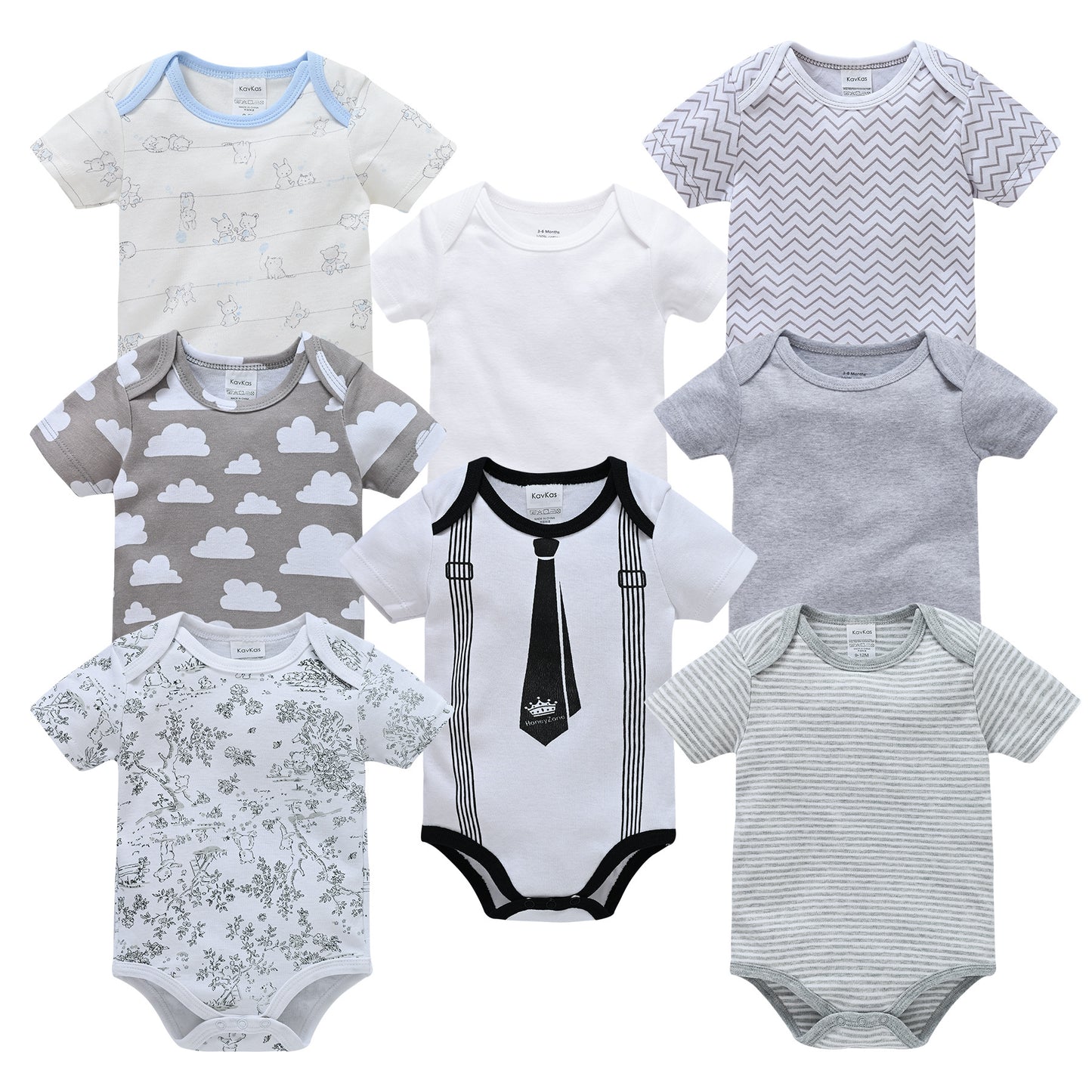 Assorted baby short-sleeve cotton bodysuits in white, grey, stripes, clouds, and tie designs.
