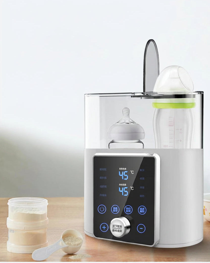 White smart baby bottle warmer with digital display, suitable for various bottle sizes.