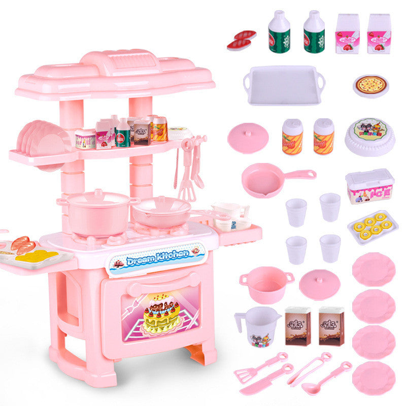 Pink plastic toy kitchen set with stove, oven, pots, pans, dishes, and play food accessories.