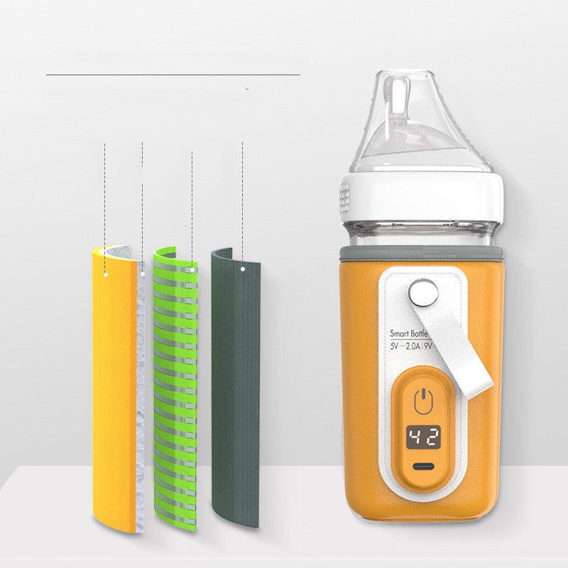 Orange portable USB baby bottle warmer with digital display and layered insulation.