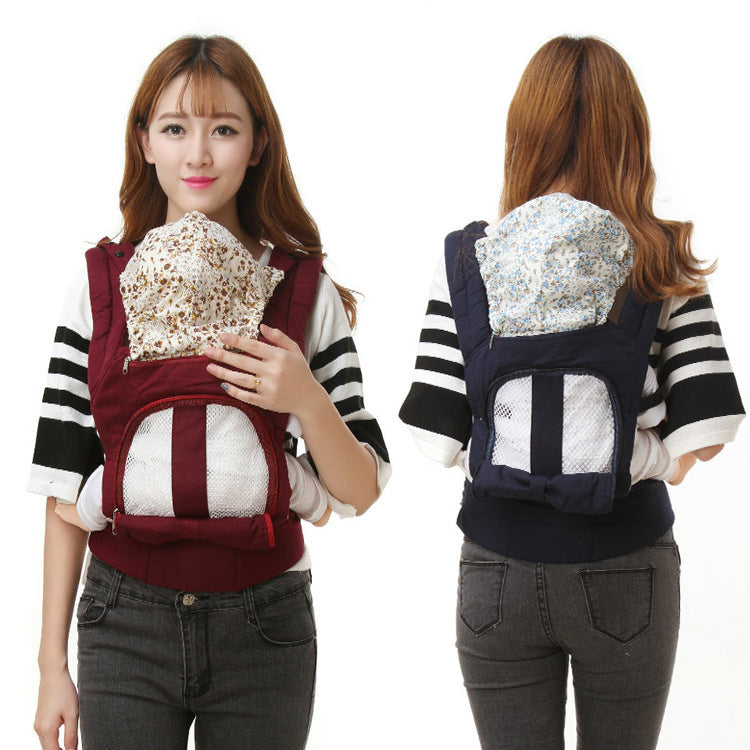 Woman modeling a versatile ergonomic baby carrier in burgundy and navy, featuring breathable mesh and padded straps.