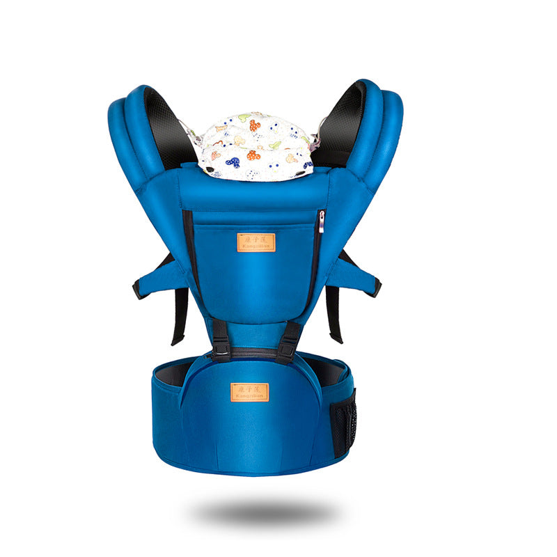 Blue ergonomic baby carrier with breathable fabric, padded shoulder straps, and integrated hip seat.